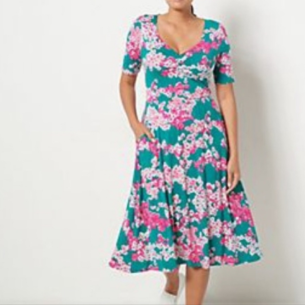 Jason Wu Floral Print Knit Stretch Midi Dress Sweetheart Neck Size L Pockets